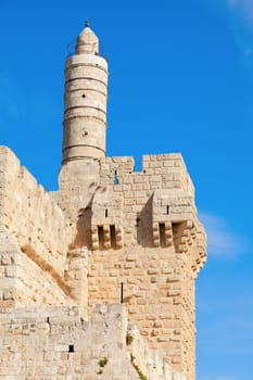 Jerusalem, Israel. Tower of David with blue sky in the background