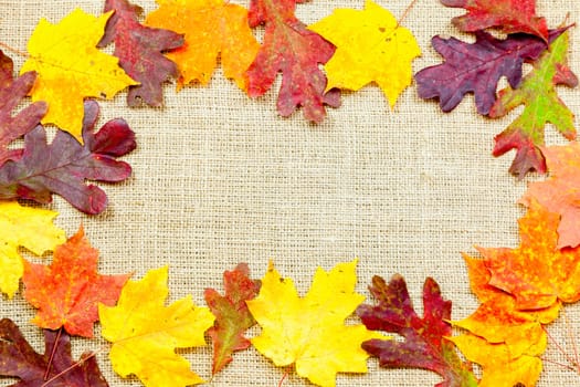 Fall-themed background of burlap and colorful leaves