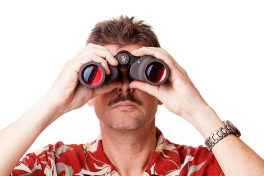 Man in Hawaiian shirt is looking through binoculars. Isolated on white