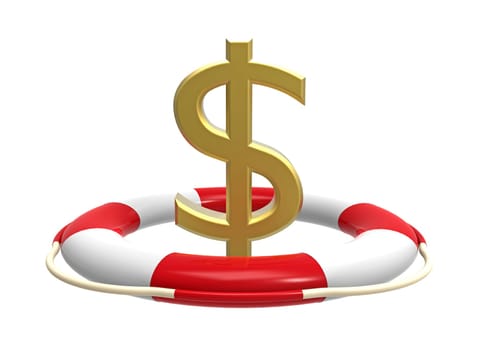 Lifebuoy with dollar sign, 3D render, isolated on white