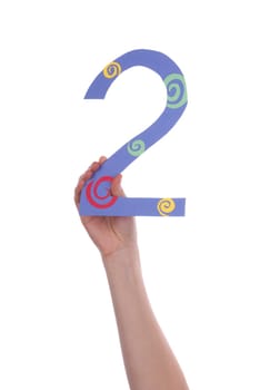A Hand Holding a Colorful Two, Isolated