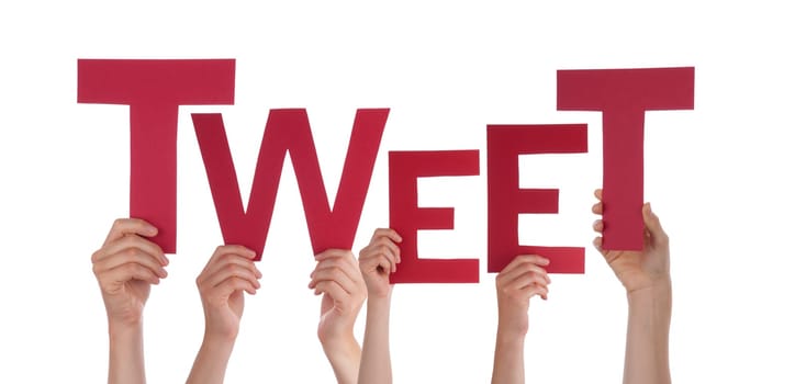 Many Hands Holding the Red Word Tweet, Isolated