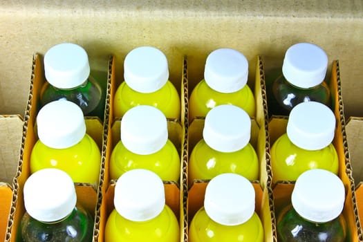 food coloring bottles in a cardboard box