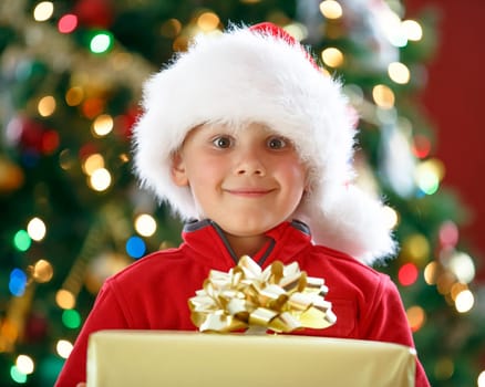 happy boy holding Christmas present