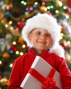 happy boy holding Christmas present