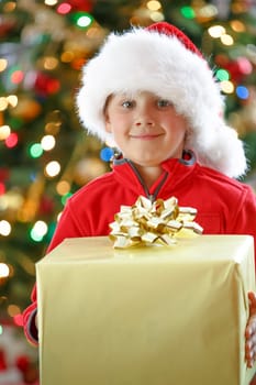 happy boy holding Christmas present