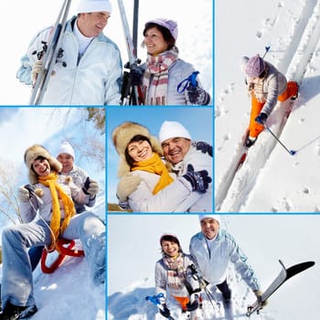 Collage of mature couple outside in winter