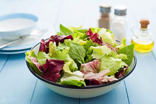 Fresh mixed green salad in a bowl close up