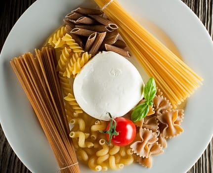 Raw pasta with basil, mozzarella and tomato overhead shoot