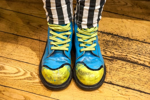 Female legs with colored shoes on wooden floor
