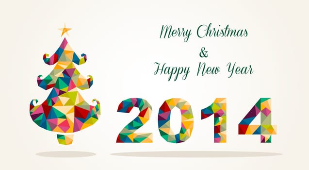Merry Christmas and Happy New Year 2014 contemporary colorful triangle postcard. EPS10 vector file organized in layers for easy editing.