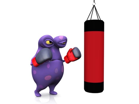 A cute charming cartoon monster wearing boxing gloves, punching a heavy bag. He looks angry, ready to fight. The monster is purple with big spots. White background.