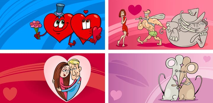 Cartoon Illustration of Greeting Cards with People in Love and Mascot Characters and other Valentines Day Themes Set