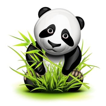 Little panda and bamboo on grass