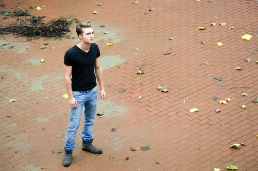Full figure shot of attractive young man alone in large empty space with fallen leaves