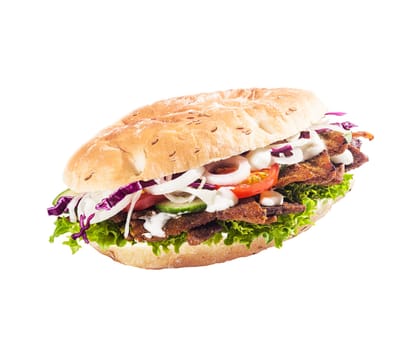 Healthy salad roll, kebab or döner with fresh lettuce, tomato, onion and cucumber with cripsy cooked meat isolated on white