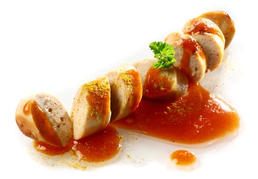 Grilled smoked spicy sausage partially sliced through and served with tomato ketchup garnished with parsley over white