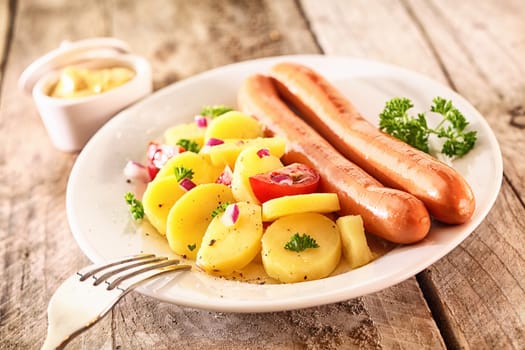 Two grilled Wiener sausages with baby potatoes, herbs and tomato on a white plate on a rustic wooden surface