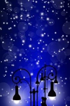 Christmas greeting card - white night with stars and street lamp