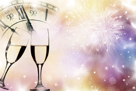 Glasses with champagne against fireworks and clock close to midnight