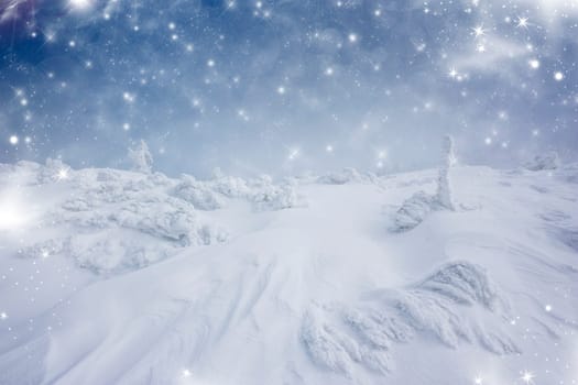 Christmas background with stars and footsteps in the snow