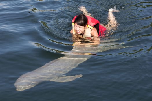 Swimming with dolphin,teenager with fish in the water