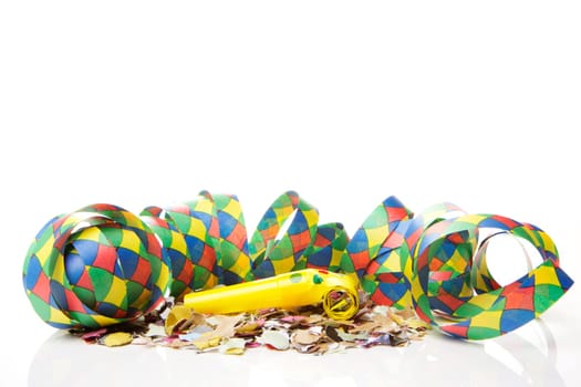Streamers and confetti on a white background