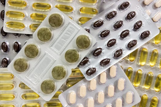 Close up of packs of pills and tablets