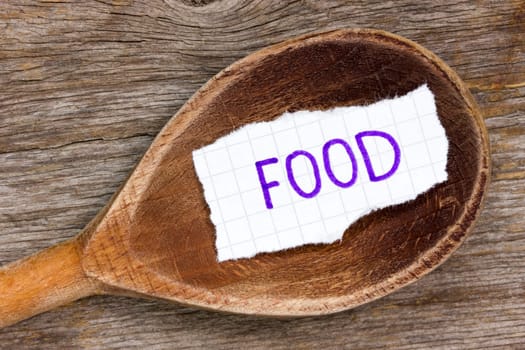 Torn paper headline with word FOOD on a wooden spoon