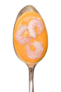 Spoon with shrimp and cocktail sauce in portrait format