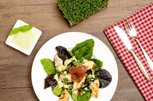 Salad with turkey fillet,Serrano ham,cress and yogurt sauce with basil