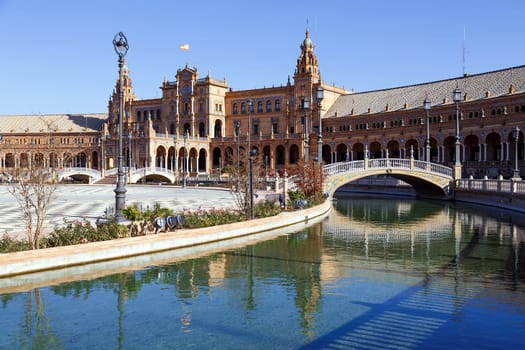 Water Canal on Plaza de Espana - Spanish Square in Seville, Andalusia, Spain