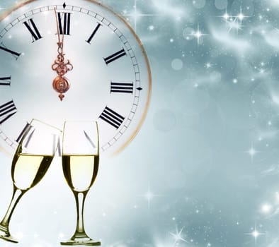 Glasses with champagne against clock and holiday background