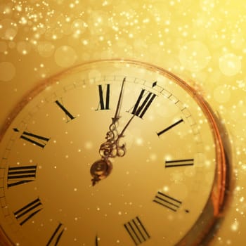 Old clock with stars snowflakes and holiday lights