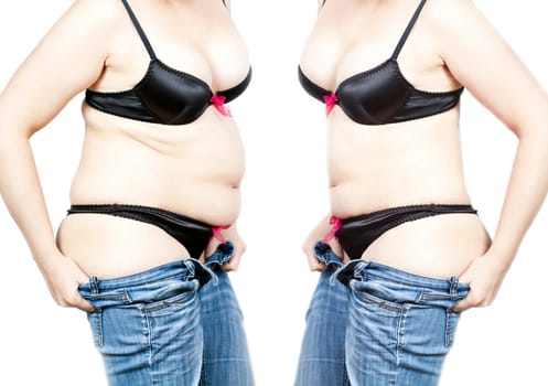 Before and after a diet - Fat and thin woman isolated on white
