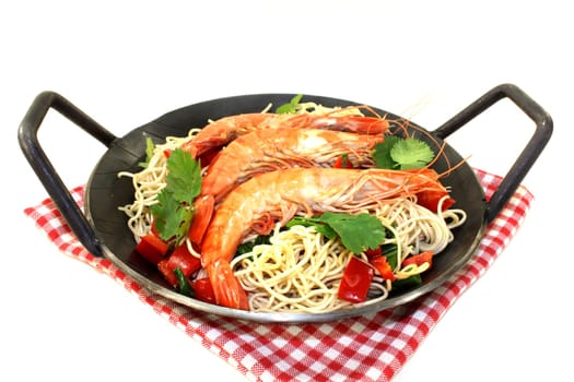 Black Tiger prawns on Mie noodles with vegetables