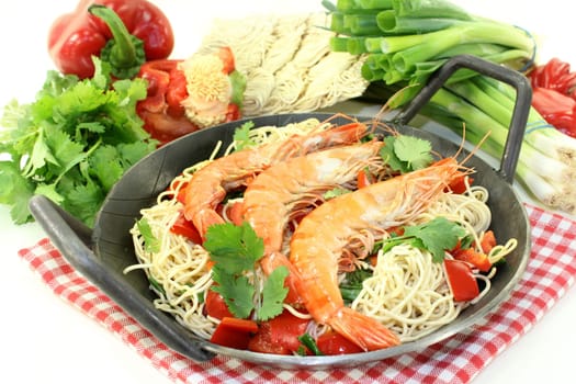 Black Tiger prawns on Mie noodles with vegetables