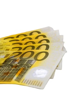 Macro low angle shot of 200 Euro bills in a fan