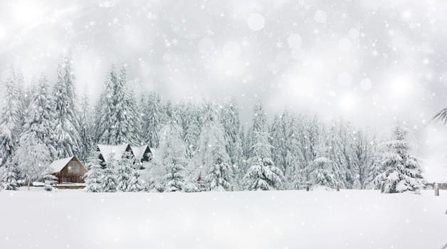 Winter landscape with snowy fir trees and mountain cotage