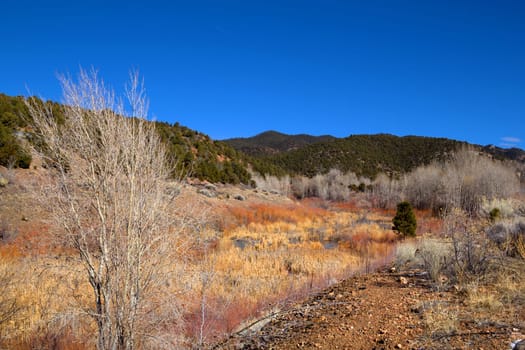 Horizontal shot of a colorful scenery near Santa Fe in winter