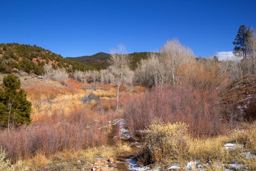 Horizontal shot of a colorful scenery near Santa Fe in winter