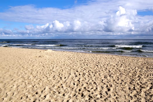 Horizontal shot of an empty beach at the Baltic Sea in morning light