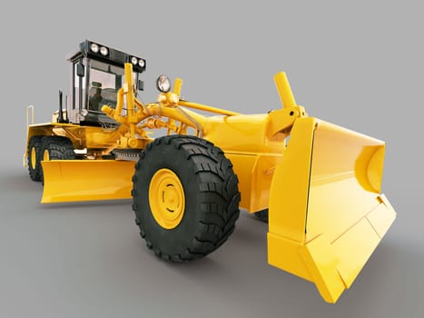 Modern three-axle road grader on a gray background