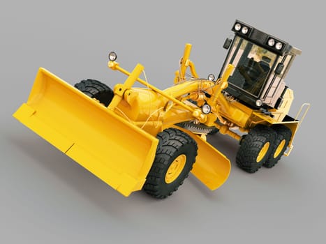 Modern three-axle road grader on a gray background