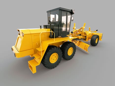 Modern three-axle road grader on a gray background