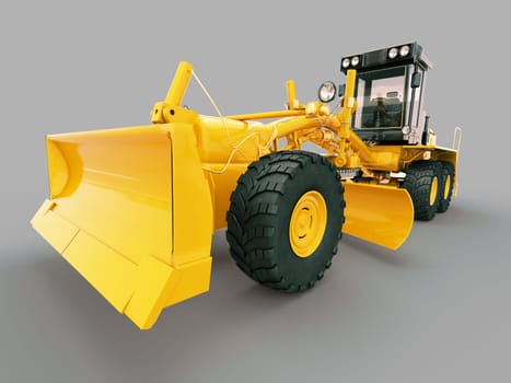 Modern three-axle road grader on a gray background