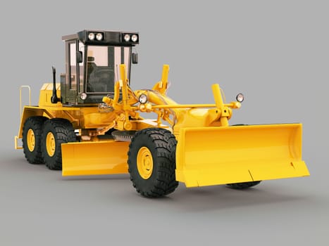 Modern three-axle road grader on a gray background