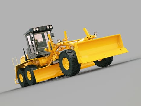 Modern three-axle road grader on a gray background