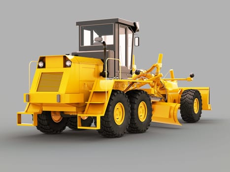 Modern three-axle road grader on a gray background