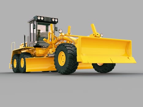 Modern three-axle road grader on a gray background